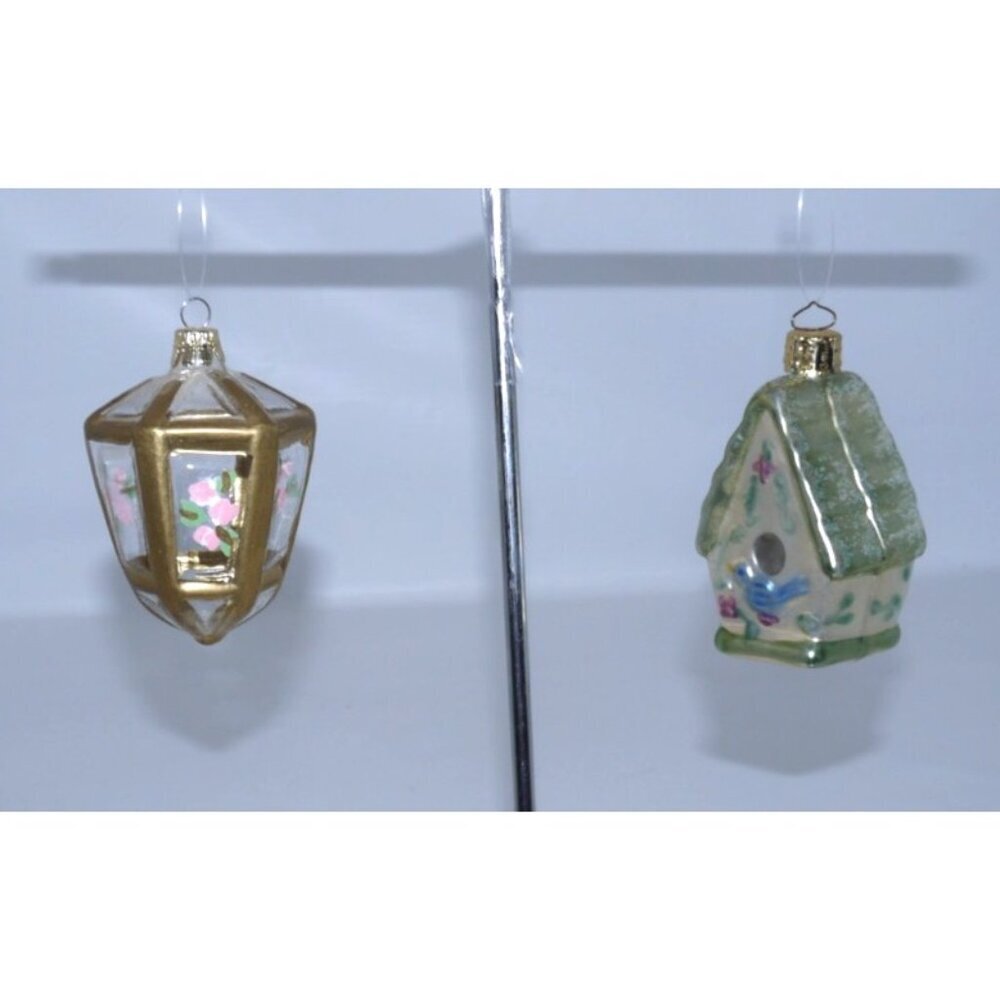 Two vintage handmade Glass Christmas ORNAMENTS birdhouse & cage 2.5" long
